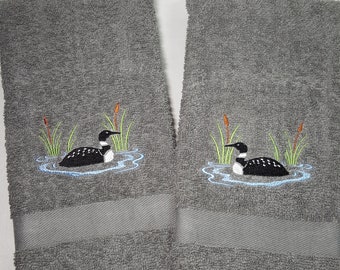Gray Set of 2 Hand Towels, Loon Embroidery, Loon with Cattails Towels, Bathroom Towels