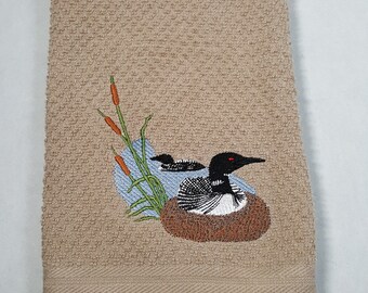 Common Loon Embroidered Kitchen Towel, Nesting Loon, Beige Kitchen Towel