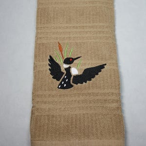 Common Loon Brown Kitchen Towel, Loon Embroidery, Gift Idea for Cabins, Ready to Ship