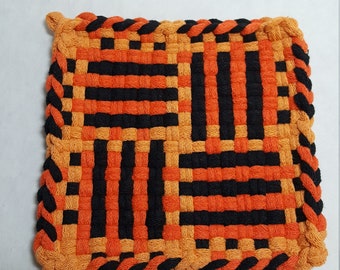 Fall Potholder, Orange and Black Potholder, Woven Looped Pot Holder, Thanksgiving, Kitchen Gift Idea, Mug Rug