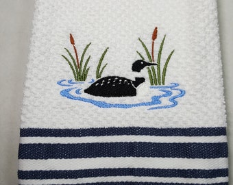 Common Loon Kitchen Towel, Embroidered Loon White and Black Towel, Loon Lover Gift, Ready To Ship