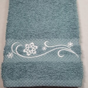 Snowflake Teal Hand Towel, Embroidered Bathroom Towel, Ready To Ship