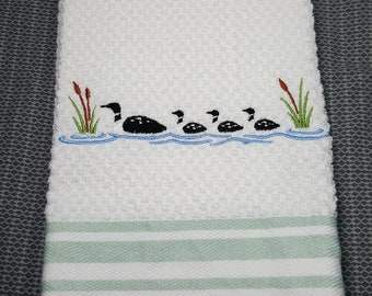 Loon Kitchen Towel, Embroidered Towels, White and Pastel Green Stripes, Common Loon Embroidery, Ready To Ship