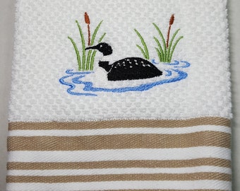 Loon Kitchen Towel, Common Loon Embroidery, White Beige Cotton Towel, Loon Lover Gift