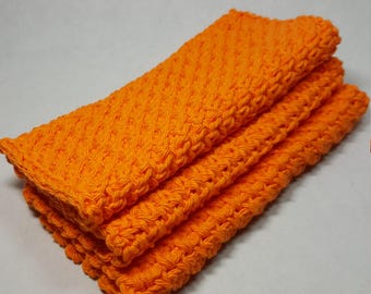Orange Crocheted Cotton Dish Cloths, Set of 3