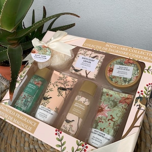 Può includere: Un set regalo di prodotti per la cura del corpo alla fragranza di magnolia. Il set include sapone da bagno, sale da bagno, gel doccia, lozione per il corpo, crema da bagno e scrub corpo, con decorazioni floreali e uccelli.