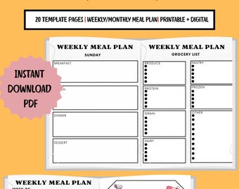 Planificador de comidas imprimible en PDF / Plan de comidas semanal / Organizador de recetas / Lista de compras y tabla de conversión de recetas / Conjunto de planificador de comidas