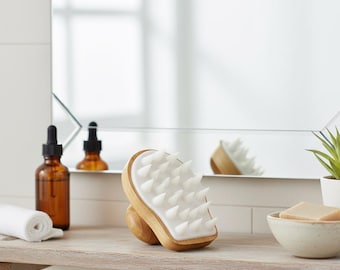 Bamboo Shampoo Brush – Scalp Massager with White Silicone Bristles