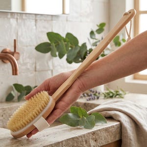 Cepillo corporal para cepillado en seco, mango largo desmontable, cerdas naturales para baño, exfoliante.
