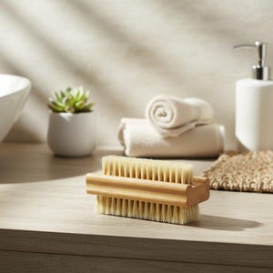 May include: A double-sided nail brush with a light brown wooden handle and natural bristles. The brush is rectangular and sits on a light-coloured wooden surface, suggesting a bathroom or spa setting.