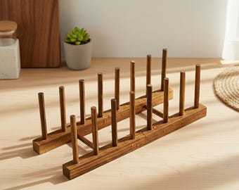 Escurreplatos de madera oscura hecho a mano, organizador de cocina ecológico minimalista de 7 ranuras