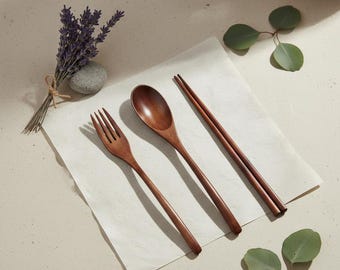 Cubiertos de madera ecológicos / Cuchara, tenedor y palillos reutilizables / Utensilios sostenibles hechos a mano - Dos colores