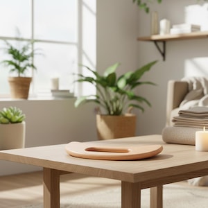 Puede incluir: Una bandeja de madera clara con asa está centrada en una mesa de centro de madera clara. La bandeja es redonda con un asa curva. La habitación tiene plantas y una vela encendida.