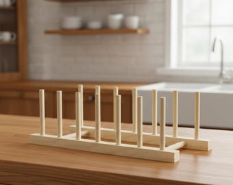 Handmade Light Wood Dish Drying Rack, Minimalist 6 Slot Eco Kitchen Organizer