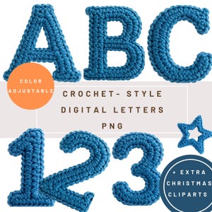May include: Blue crochet-style digital letters and numbers, including ABC and 123, with a star and text that reads "Color Adjustable" and "+ Extra Christmas Cliparts". The letters and numbers are in a bold, textured font.