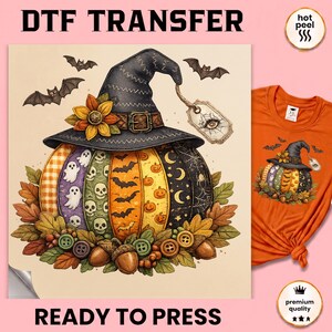 May include: A DTF transfer featuring a pumpkin wearing a witch hat, decorated with patterns of ghosts, skulls, bats, moons, and spiders. The design includes autumn leaves, acorns, and buttons, with a tag showing an eye, printed on an orange t-shirt.