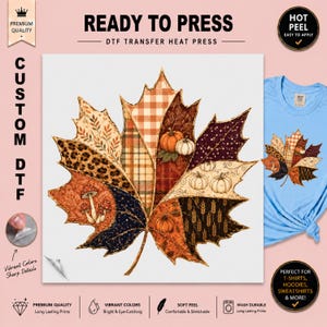 Patchwork Maple Leaf DTF Transfer: Autumn Pumpkin Plaid Heat Press Design