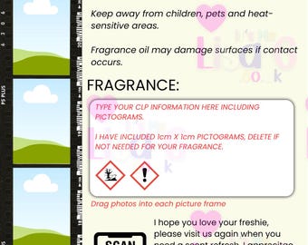 Plantilla de tarjeta de cuidado Freshie en Canva Pro, instrucciones para Freshie para autos, tarjeta de cuidado CLP editable, código QR, plantilla de marco de fotos Freshie