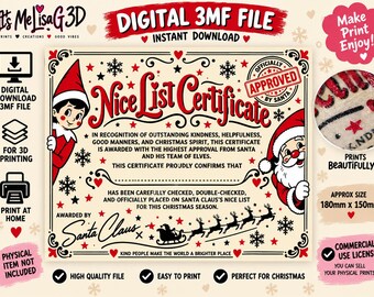Nice List Santa Certificate - 3MF File | Christmas 3D Print Digital Download