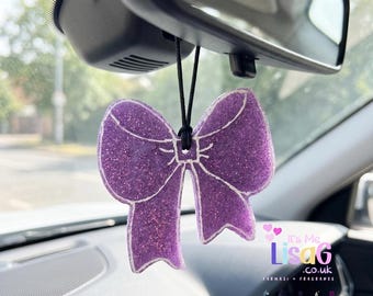 Ambientador colgante para coche Purple Bow Car Freshie UK, ambientador de coche con purpurina, regalo para ella.