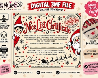 Certificado de Papá Noel para Niños Buenos - Archivo 3MF / Descarga digital para impresión 3D navideña