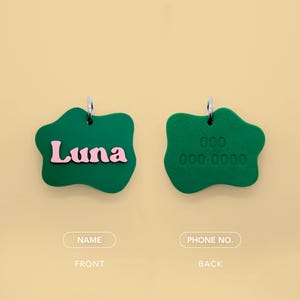 May include: Two green pet tags with silver hoops. The front tag has the name "Luna" in pink letters. The back tag has a phone number embossed. The tags are a unique, irregular shape. The text "NAME" and "PHONE NO." are below the tags.