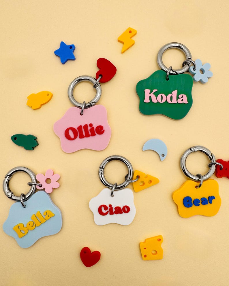 May include: A collection of colorful keychains with silver rings. Each keychain features a unique shape and name: Ollie, Koda, Bella, Ciao, and Bear. Additional decorative shapes include stars, hearts, and flowers.