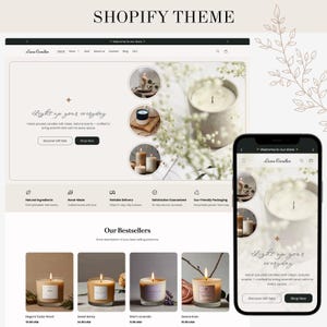 May include: A Shopify theme mockup for Luna Candles, displaying a website and mobile app. The website includes product images, text, and a navigation bar. The mobile app mirrors the website's design, showcasing candles and branding.
