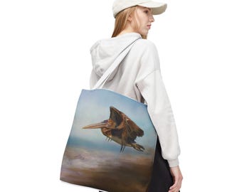 Pelican Soaring over Beach Tote Bag | All-Over Print