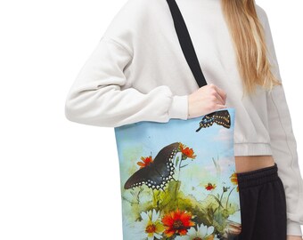 Butterfly Floral Tote Bag | Watercolor Wildflower Butterfly Print