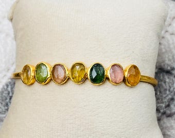 Handmade 925 Sterling Silver Tourmaline Cuff Bracelet: Adjustable Gemstone Bangle