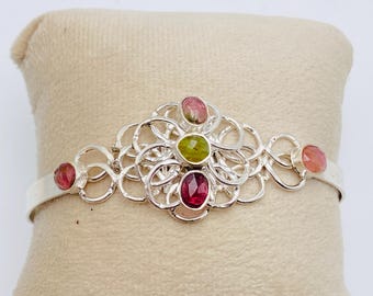 Handmade 925 Sterling Silver Tourmaline Cuff Bracelet: Adjustable Gemstone Bangle