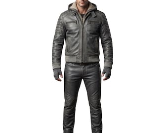 Herren-Trainingsanzug mit Kapuze, anthrazitgraue Lederjacke und -hose – Motorrad-Lederanzug