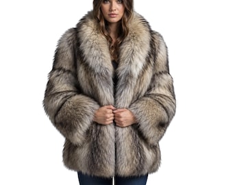 May include: A long-sleeved, hip-length faux fur coat featuring a thick, voluminous shawl collar. The coat displays a multi-tonal pattern of beige, tan, gray, and dark brown streaks throughout the dense, shaggy texture of the synthetic fur.