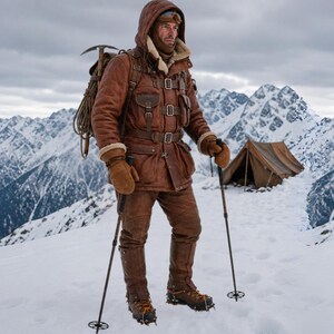 Handcrafted Mountaineer Brown Leather Outfit– Snow Trekking Gear – Backpack Ropes Ice Axes – Cosplay Costume