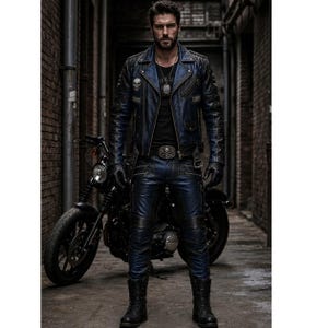 May include: A dark blue leather motorcycle jacket with silver hardware, a black t-shirt, matching dark blue leather pants with zippered pockets, black leather gloves, and black combat boots. A silver skull belt buckle is visible at the waist.