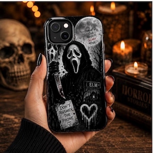Horror-Handyhülle mit Ghostface-Collage, Geschenk für Gruselfilm-Fans, schaurig-schöne Handyhülle mit magnetischem Halter, stoßfest, schwarze Schutzhülle im Gothic-Stil