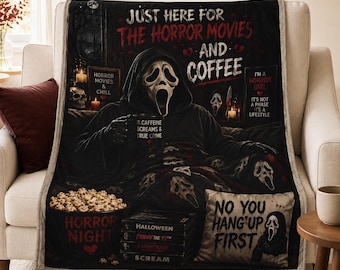 Horror Movie Blanket Sherpa Throw Cozy Film Night Gift Scary Fan Present Halloween Decor Ghostface Design Coffee Popcorn Thriller Enthusiast