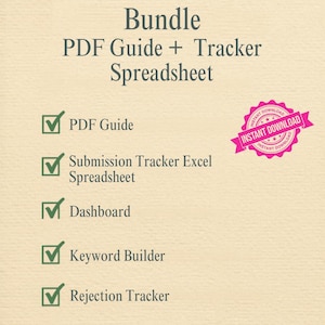 May include: Adobe Stock Toolkit Bundle PDF Guide + Tracker Spreadsheet with a pink Instant Download badge. The list includes PDF Guide, Submission Tracker Excel Spreadsheet, Dashboard, Keyword Builder, Rejection Tracker, and Based on 250+ Accepted Adobe Stock Images.