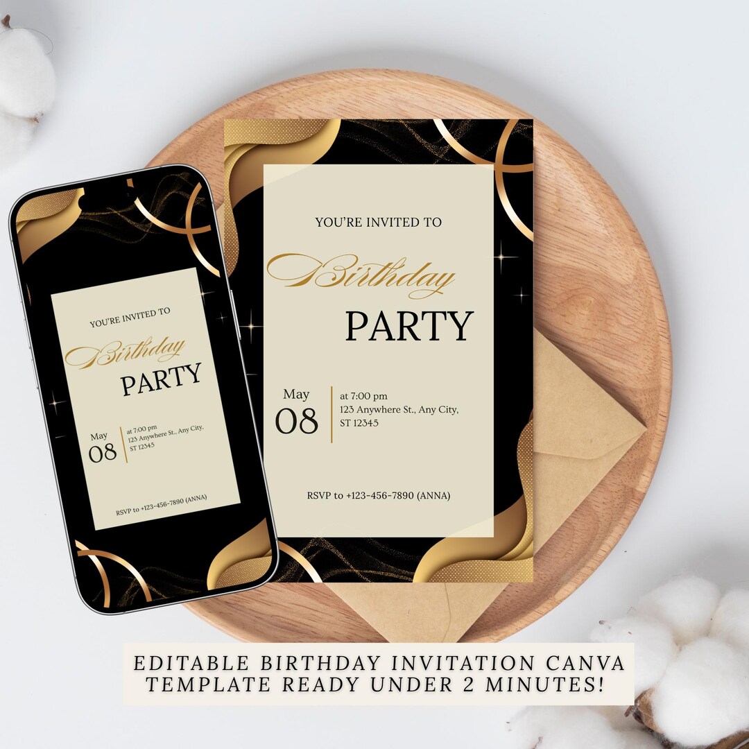 Editable Black Gold Birthday Invitation Template, Elegant Party Invite ...