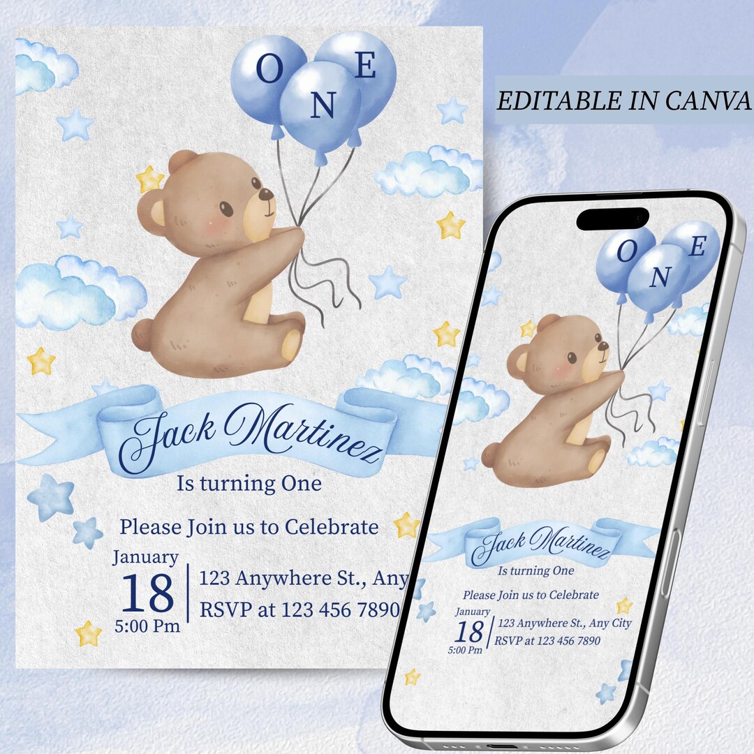 Editable Teddy Bear 1st Birthday Invitation Template, Blue Invite Boy ...
