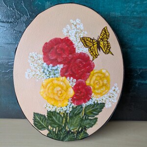 Rose Bouquet Acrylic Painting on Oval Canvas: Butterfly Art (8x10)