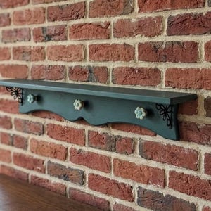 Vintage Dark Green Painted Wood Wall Shelf with Floral Knobs