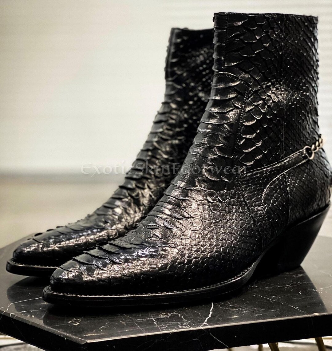Black Genuine Python Leather Ankle Boots | Handmade Exotic Dress Boots ...