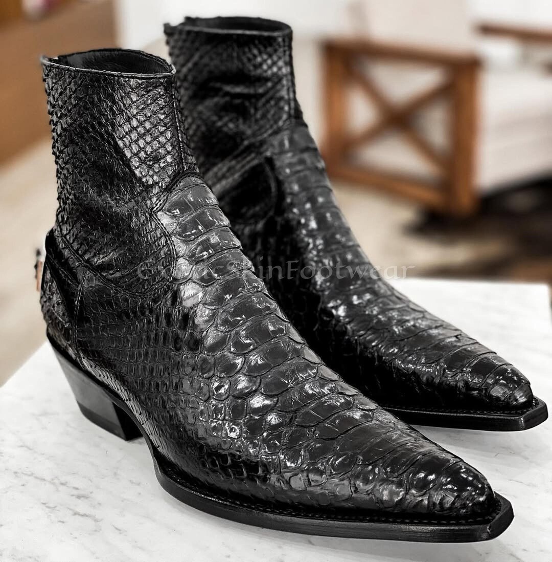 Black Genuine Python Leather Ankle Boots | Handmade Exotic Dress Boots ...