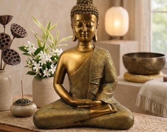 Large Gold Buddha Statue, Polyester Zen Room Sculpture, Spiritual Meditation Decor, Unique Handmade Home Art Gifts For Yoga Friends