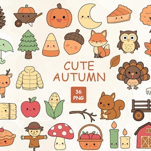 Op de afbeelding: Een verzameling schattige illustraties met herfstthema. Bevat een pompoen, vos, uil, eekhoorn en andere herfstelementen. De tekst "CUTE AUTUMN" wordt weergegeven, samen met "36 PNG". De illustraties zijn in cartoonstijl met warme kleuren.