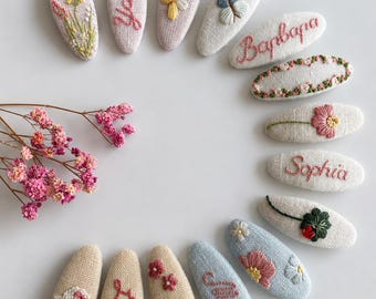 Fermaglio per capelli in lino ricamato personalizzato / Fermaglio a scatto con nome personalizzato / Accessorio per capelli da bambina