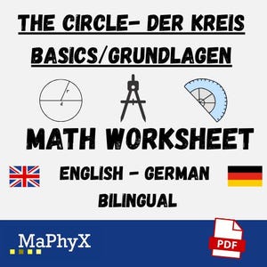 Könnte beinhalten: Ein zweisprachiges Englisch-Deutsches Mathe-Arbeitsblatt mit dem Titel "The Circle - Der Kreis". Das Bild zeigt eine Kreisdiagramm, einen Zirkel und einen Winkelmesser. Das Arbeitsblatt ist als PDF gekennzeichnet.