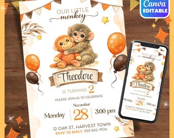Punch Monkey Birthday Invitation, Cute Monkey Party Invite, Editable Jungle Monkey Canva Template, Printable Digital Download